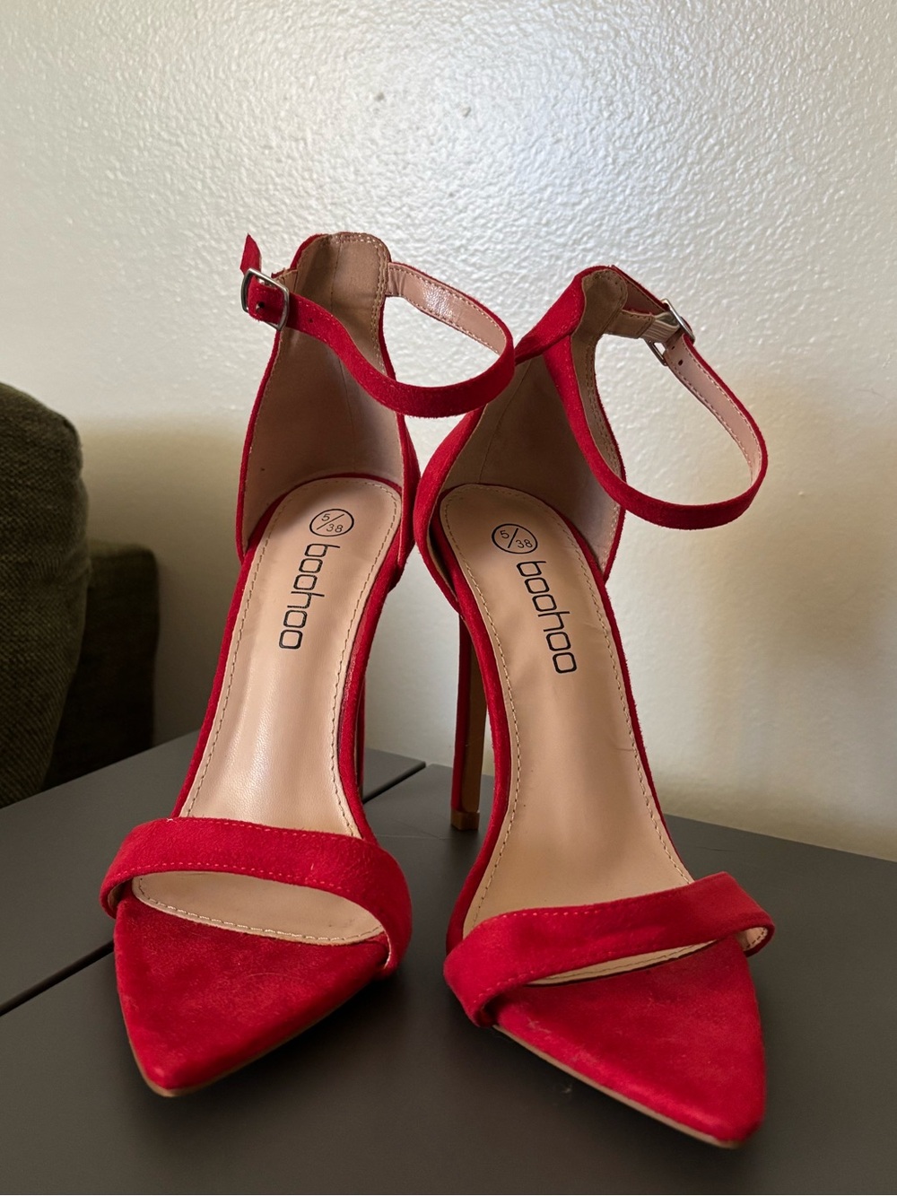 Boohoo Red Suede Pointed Toe Ankle-Strap Heels